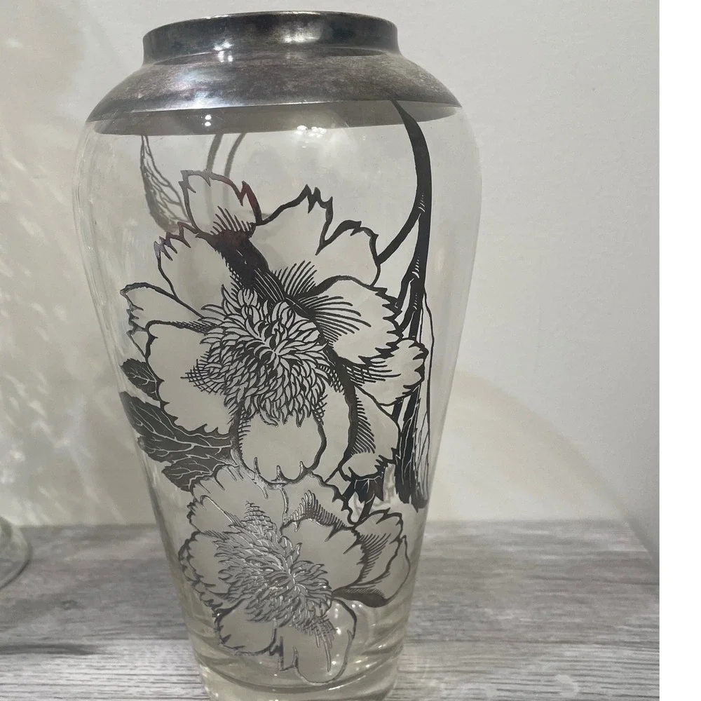 Vintage Silver‎ Overlay Glass Vase Floral Peony Art Nouveau Silver Deposit 11in